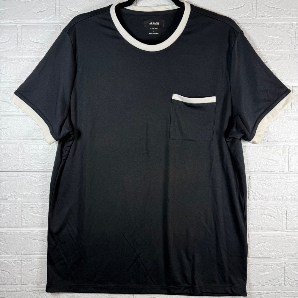 Alfani Pocket T-Shirt Mens Large Black White Ringer Stretch Short Sleeve Tee
